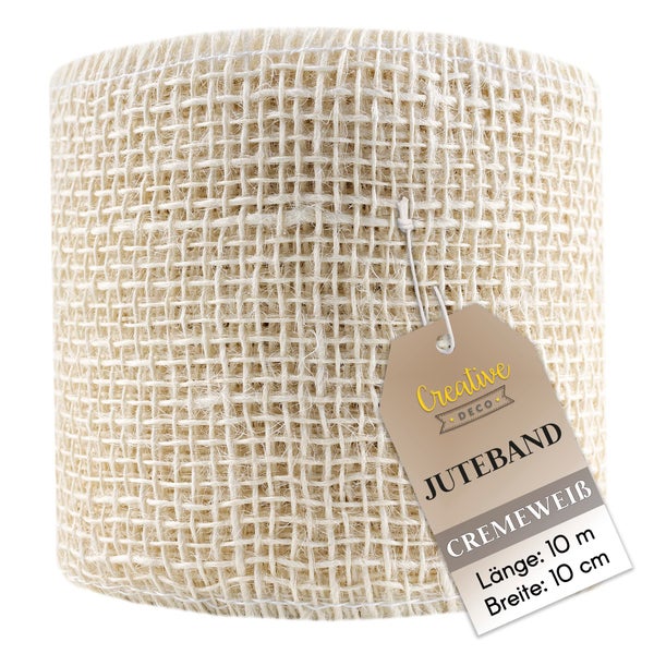 Juteband in Cremeweiß, grob gewebt, Länge 10 Meter, Breite 10 Zentimeter.