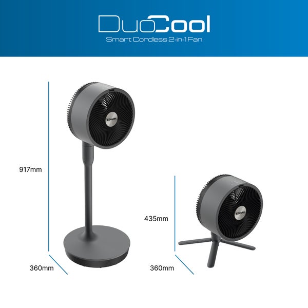 Dimplex DuoCool Smart kabelloser 2-in-1 Ventilator, nutzbar als Standventilator mit 917 Millimeter Höhe und Tischventilator mit 435 Millimeter Höhe.