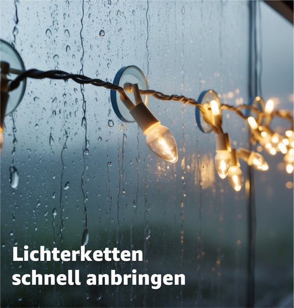 Lichterkette mit Saugnäpfen an einem Fenster befestigt