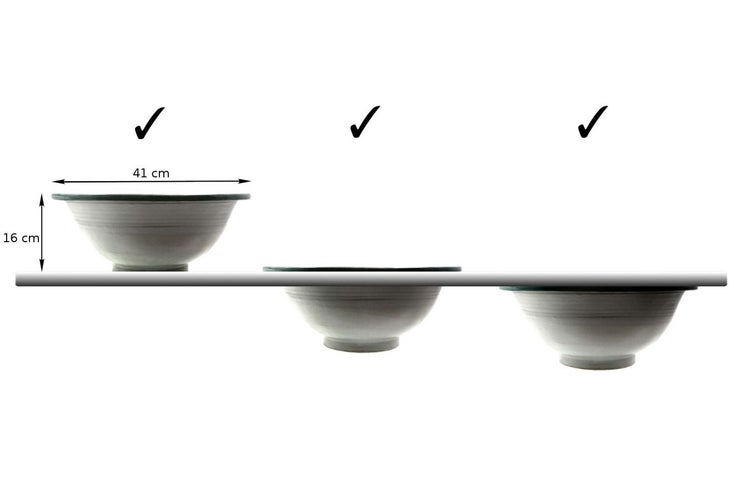 Drei Schalen mit Größenangaben: 41 cm Breite, 16 cm Höhe.