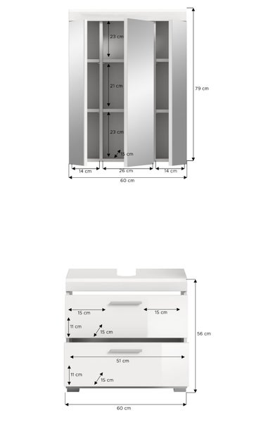 Badmöbel-Set mit Spiegelschrank und Waschbeckenunterschrank inklusive Maßangaben, Breite 60 Zentimeter.