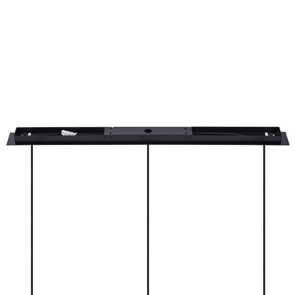 Schwarzer, rechteckiger Baldachin für Pendelleuchten mit drei Kabeln, Ansicht von oben mit Verkabelung.