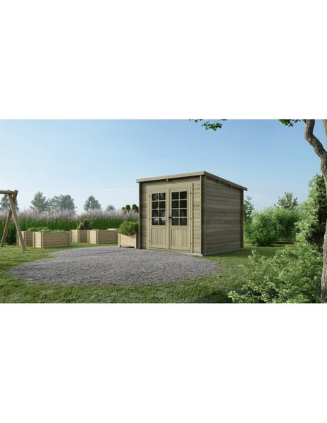 Modernes Gartenhaus aus Holz mit Pultdach und Doppeltür mit Fensterausschnitten in einem gepflegten Garten mit Kiesfläche und Hochbeeten.