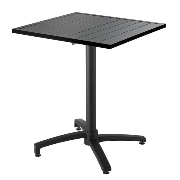 Schwarzer Bistrotisch aus Metall mit quadratischer Tischplatte in Lattenoptik und zentralem Standfuß.