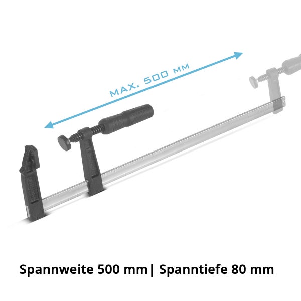 Schraubzwinge mit einer maximalen Spannweite von 500 Millimeter und einer Spanntiefe von 80 Millimeter.