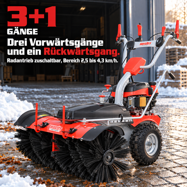 Hecht Kehrmaschine mit Benzinmotor und zuschaltbarem Radantrieb für den Winterdienst auf gepflastertem Untergrund mit Schnee.