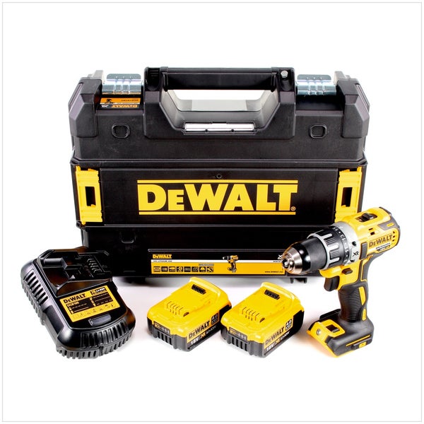 DeWalt Akku-Bohrschrauber Set mit DeWalt Logo, inklusive Transportkoffer, zwei 18 Volt Lithium-Ionen Akkus und einem Ladegerät.