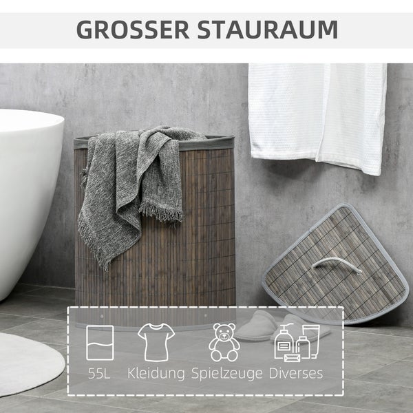 HOMCOM Bambus Wäschekorb mit Deckel 55L Wäschesammler mit Griffen, herausnehmbarer Wäschesack, Eck Wäschetonne Laundry Baskets für Waschküche Badezimmer Schlafzimmer Grau