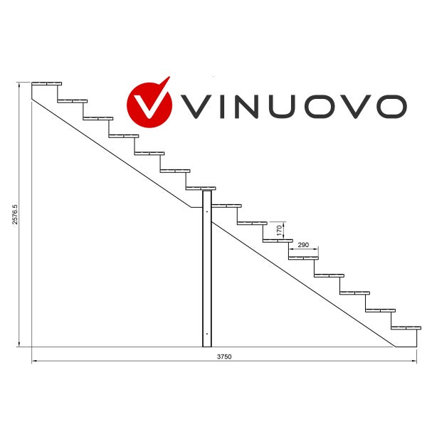 Technische Zeichnung einer Treppe mit Maßen und dem Vinuovo Logo