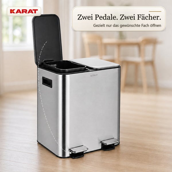 Karat Mülltrennsystem mit zwei Pedalen und zwei separaten Abfalleimern aus Metall zur einfachen Mülltrennung.