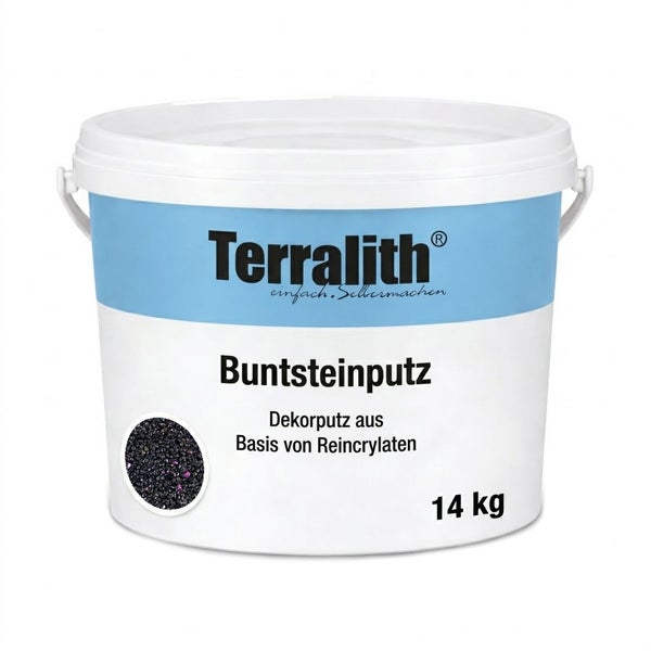 Terralith Buntsteinputz Dekorputz auf Basis von Reinacrylaten, 14 Kilogramm Eimer mit dunkler Steinstruktur.