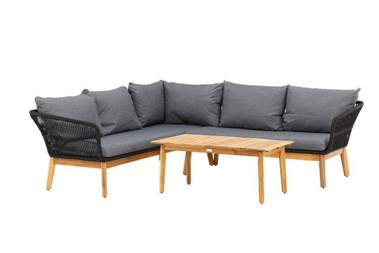 Garten-Lounge-Set aus Holz mit schwarzer Seilbespannung, grauen Polstern und rechteckigem Tisch.