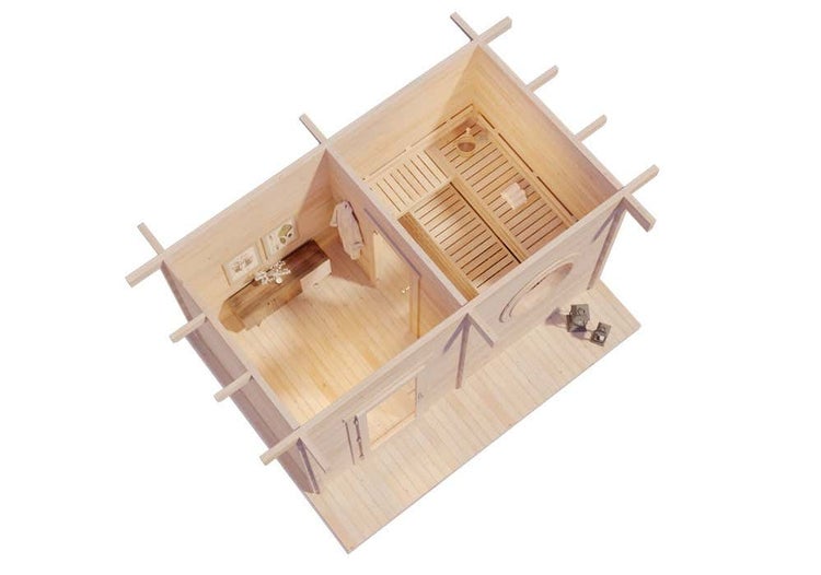 Draufsicht auf ein Gartenhaus aus Holz mit Sauna, unterteilt in einen Vorraum und einen Saunabereich mit Holzbänken.