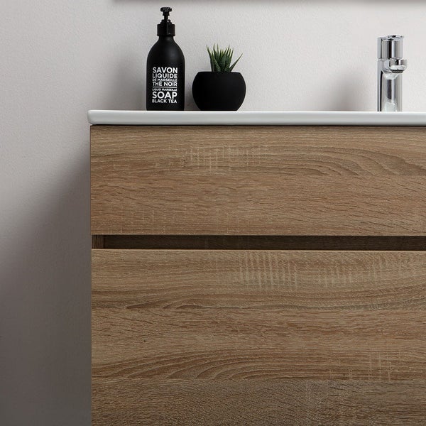 Badmöbel – Set aus Waschtisch, Unterschrank und Spiegel in Holzoptik Eiche natur | Sole