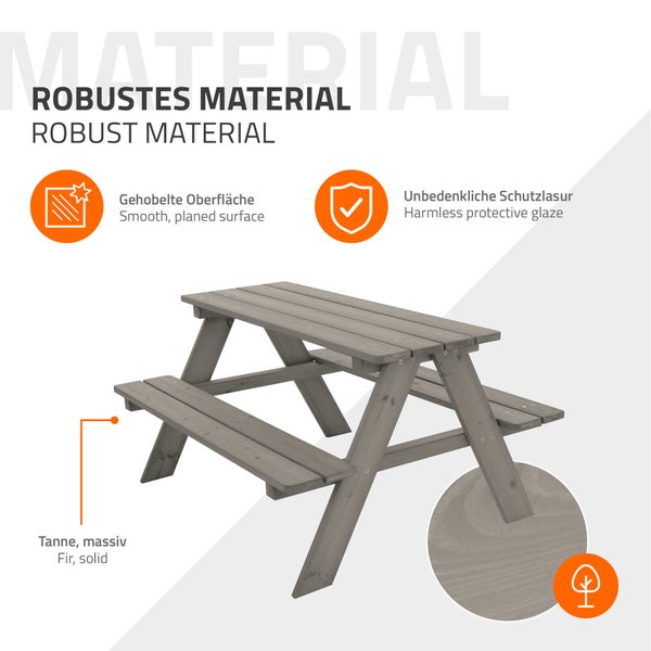 ML-Design Kindersitzgarnitur für Draußen, Grau, Sitzgruppe Outdoor 2 Bänke mit Tisch, Garten Kindersitzgruppe mit 4 Plätzen, Sitzgarnitur für Kinder Massivholz, Picknicktisch Kinder, Spielsitzgruppe
