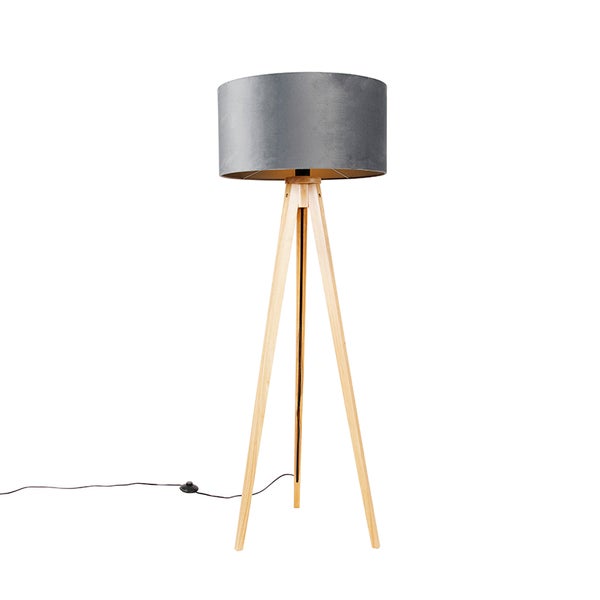 QAZQA - Modern Stehlampe Holz mit Stoffschirm grau 50 cm - Tripod I Dreifuß Lampe I Dreifuss Classi I Wohnzimmer I Schlafzimmer - Textil Rund - LED geeignet E27