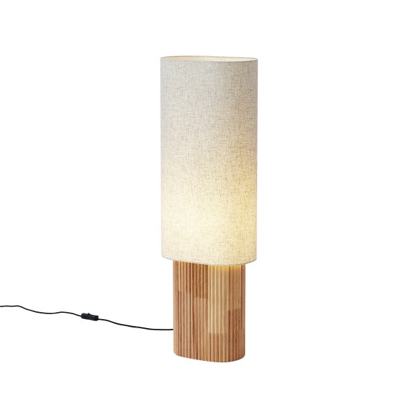 Tischlampe mit ovalem Stoffschirm und geriffeltem Holzfuß