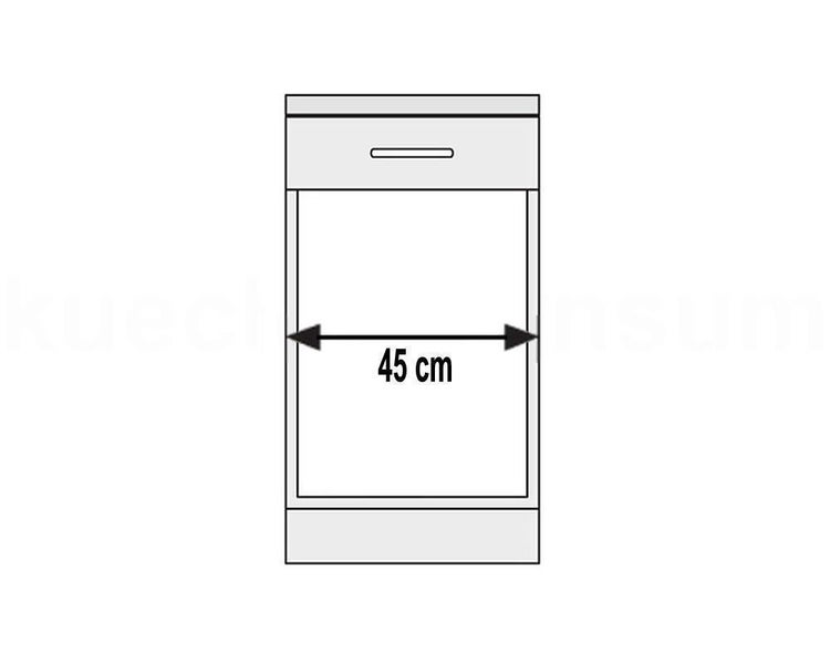 Technische Zeichnung eines Küchenunterschranks mit einer Schublade und einer Nischenbreite von 45 Zentimetern.