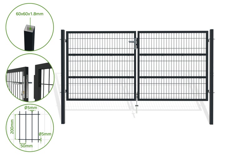 Doppelflügeltor für Stabmattenzaun 3m RAZO 300B140 Anthrazitgrau