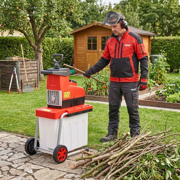 Gartenszene mit Bediener, der einen Häcksler mit Ästen befüllt, im Hintergrund ein Gartenhaus