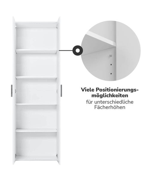 Weißer Schrank mit mehreren Einlegeböden und Detailansicht der Lochreihe für flexible Höhenverstellung der Fächer.