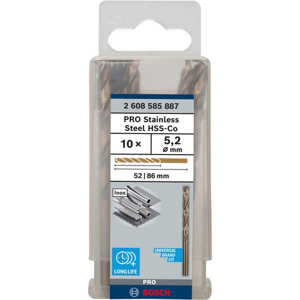 Bosch Pro Edelstahl HSS-Co Bohrer Set, 10 Stück, Durchmesser 5,2 mm