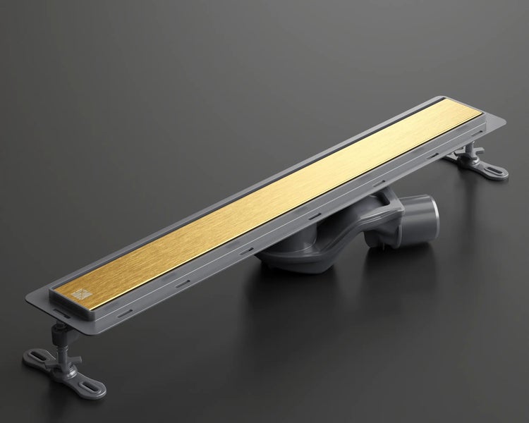 Duschelement mit goldfarbener Abdeckung und Montagefüßen