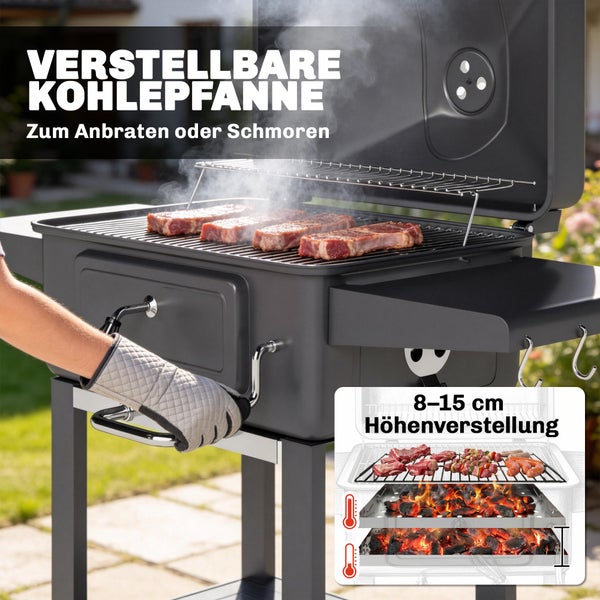 Holzkohlegrill mit höhenverstellbarer Kohlepfanne für acht bis fünfzehn Zentimeter Abstand zum Grillgut und Fleisch auf dem Rost.