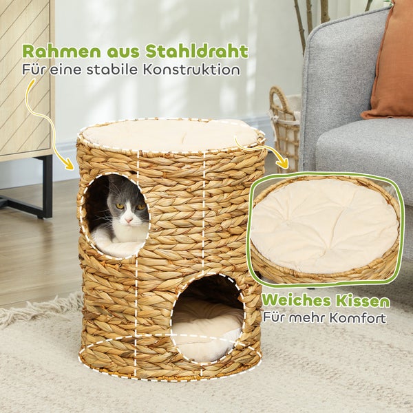 PawHut Kratztonne, 50 cm hoch Katzentonne mit 2 Höhle, Kratzbaum mit Kissen, Katzenturm aus Wasserhyazinthe, für Katze bis 3,5 kg, Hellbraun