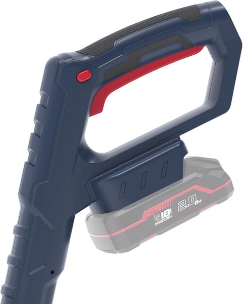 Detailansicht eines blauen Griffs für Akku-Gartengeräte mit 18 Volt 2,0 Amperestunden Lithium-Ionen Akku und gummiertem Handgriff.
