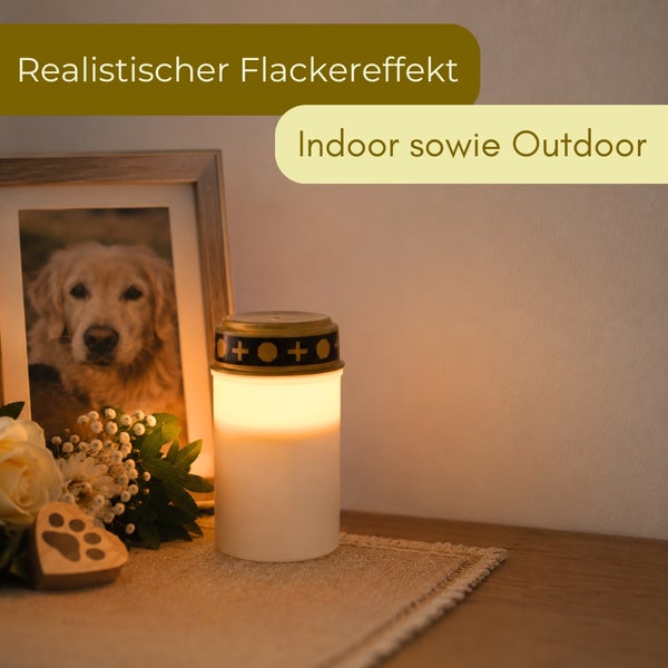 LED-Grablicht mit realistischem Flackereffekt für den Innen- und Außenbereich, arrangiert neben einem Hundefoto und Blumen.