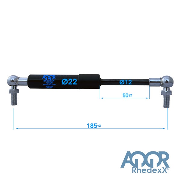 Gasdruckfeder von Rhedexx mit Kugelgelenken, Länge 185 Millimeter, Hub 50 Millimeter, Durchmesser 22 und 12 Millimeter.