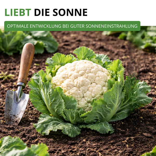 Blumenkohl im Gartenbeet mit einer Handschaufel, Hinweis auf hohen Sonnenbedarf für ein optimales Wachstum.