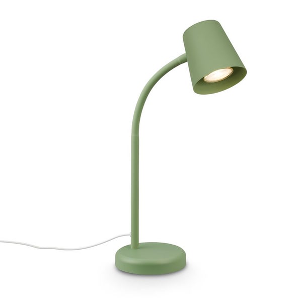 Grüne Schreibtischlampe mit flexiblem Hals, rundem Standfuß und eingeschaltetem Licht.