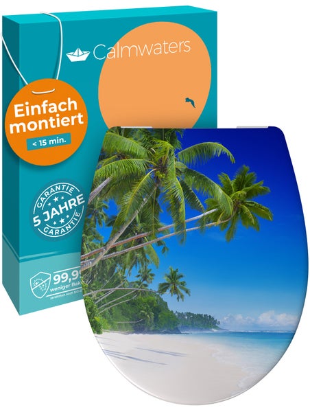 Calmwaters® WC Sitz Motiv Palmenparadies einfache Montage, Toilettendeckel bis 250 kg, Made in EU, antibakterieller Duroplast, Absenkautomatik, 2 Montage Optionen, abnehmbar, Klobrille, oval