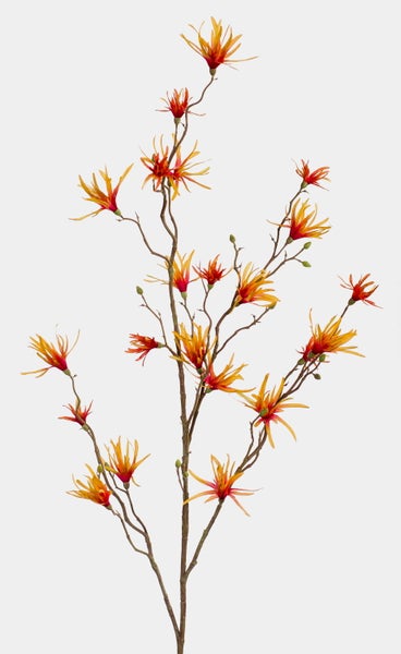 Künstlicher Magnolienzweig mit orangefarbenen und gelben Blüten sowie kleinen Knospen.