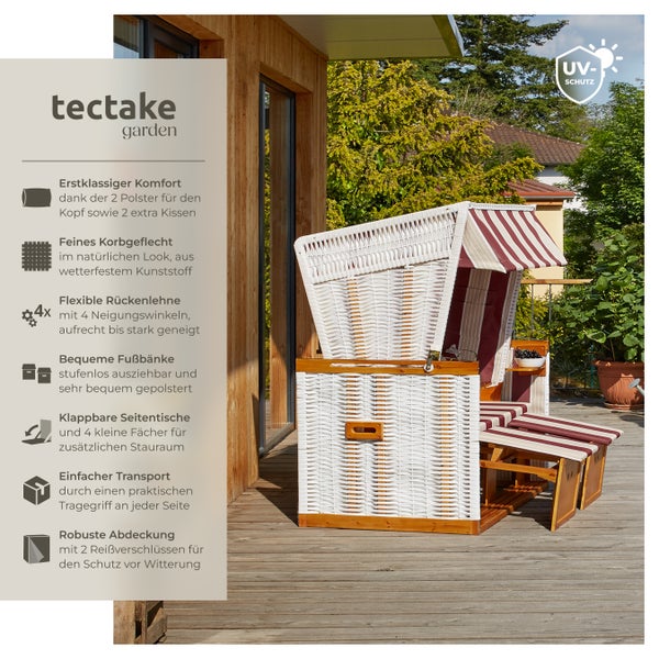 Strandkorb tectake Sylt 115 x 158 x 78 cm gepolstert mit ausziehbaren Fußbänkchen rot/weiß
