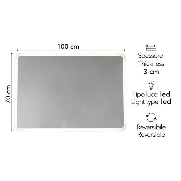Rechteckiger LED-Badspiegel, 100 mal 70 Zentimeter, Tiefe 3 Zentimeter, reversibel montierbar, mit umlaufender Beleuchtung.