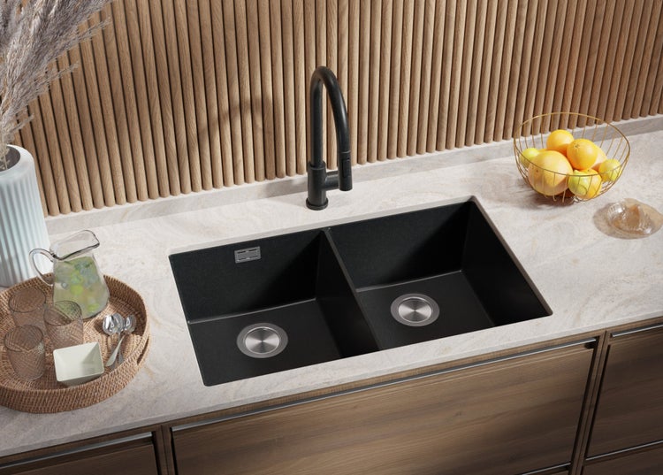 PRIMAGRAN Unterbauspüle Granit Anthrazit 76x47cm, Spülbecken 2 Becken + Küchenarmatur 32x20cm + Ablauf-Set, Granitspüle ab 80er Unterschrank - London Twin