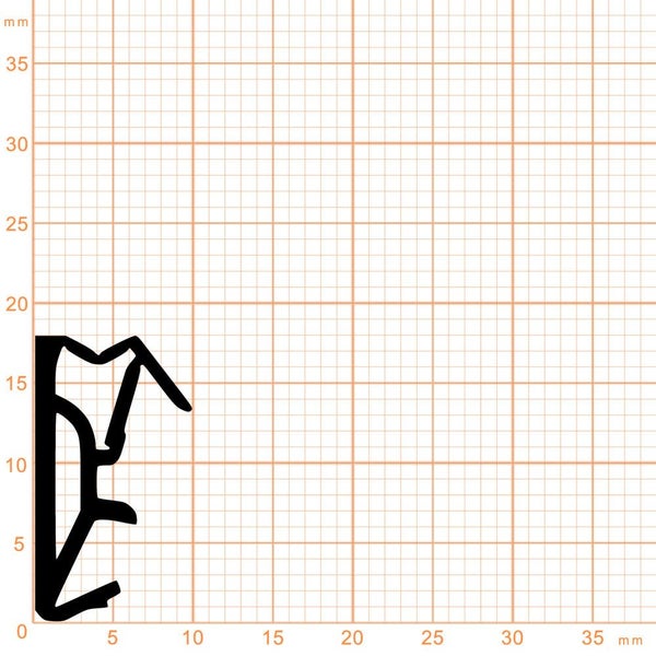 Querschnitt eines schwarzen Gummidichtungsprofils auf Millimeterpapier, circa 18 Millimeter hoch und 10 Millimeter breit.