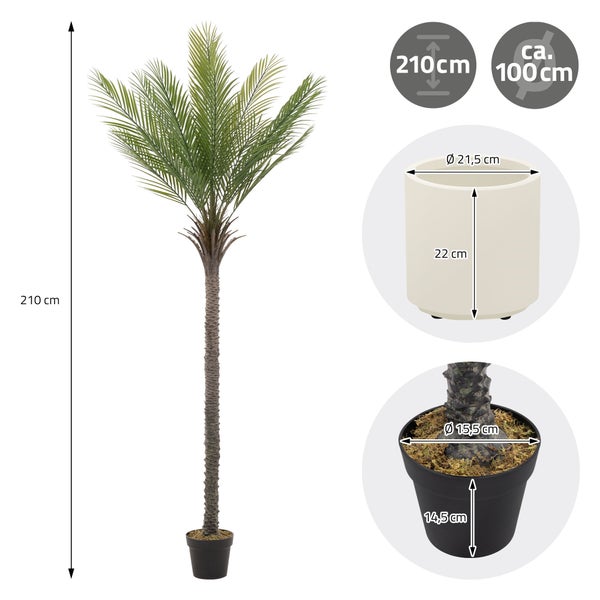 Künstliche Palme mit 210 Zentimeter Höhe, Durchmesser circa 100 Zentimeter, inklusive Pflanztopf mit Maßangaben.