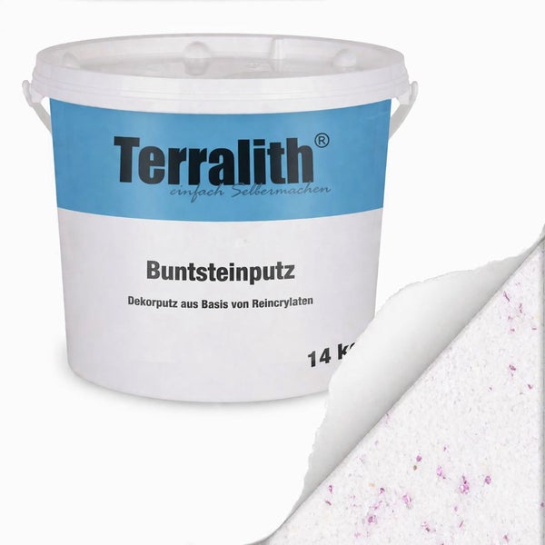 Terralith Buntsteinputz, 14 Kilogramm Eimer, Dekorputz auf Reinacrylat-Basis mit Strukturansicht.