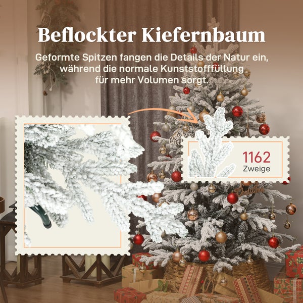 Künstlicher beflockter Kiefern-Weihnachtsbaum mit 1162 Zweigen und geformten Spitzen für ein natürliches Aussehen.