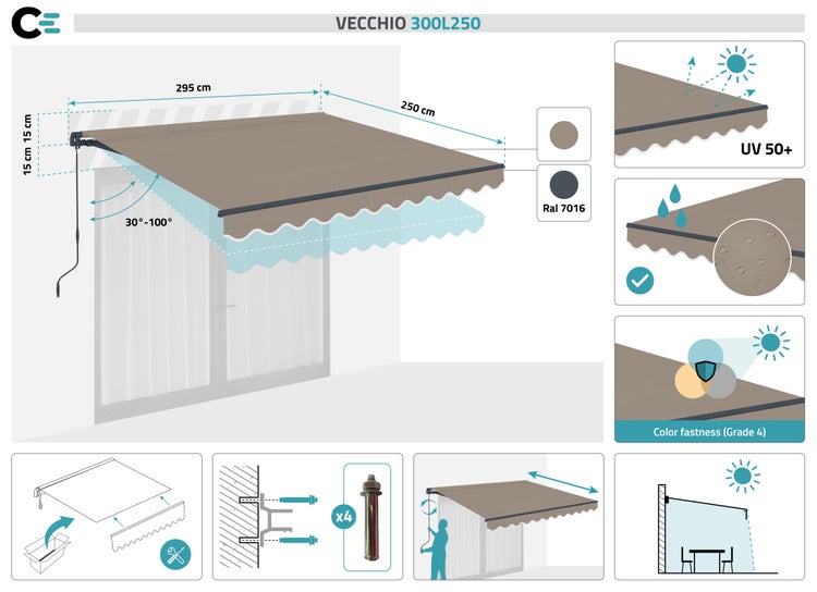 VECCHIO einteilige Markise 3m x 2,5m Taupe - Premium-Canvas 320 g/m²
