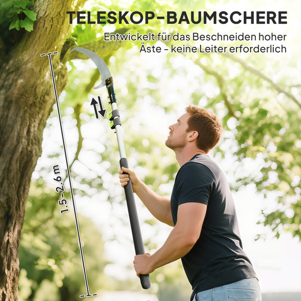 Mann benutzt eine Teleskop-Astschere zum Beschneiden von Ästen in einem Baum von 1,5 bis 2,6 Metern Höhe.