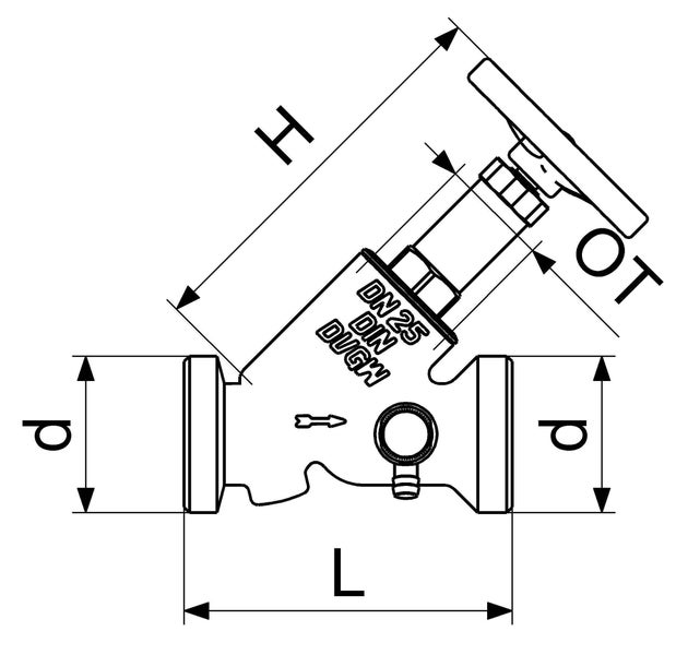 Technische Zeichnung eines Freistromventils mit Maßangaben für Länge, Höhe, Durchmesser und Nennweite 25.