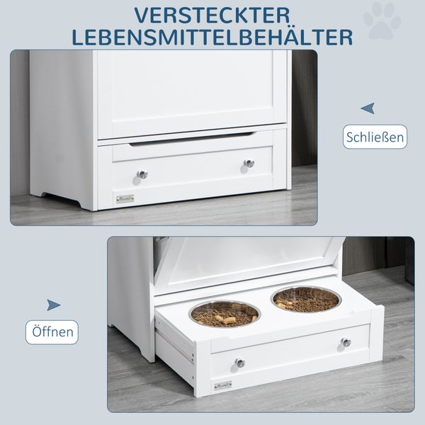 PawHut Haustier-Futterschrank mit 2 Edelstahlnäpfen, 3 Haken, Tierfutterschrank mit Lagerschrank, offenem Fach & Kipptür, Hundefutterstation für Hunde, 61 x 35,5 x 82 cm, Weiß
