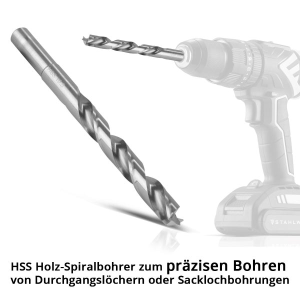 Holz-Spiralbohrer für präzises Bohren von Durchgangslöchern und Sacklöchern, mit einer Bohrmaschine im Hintergrund.