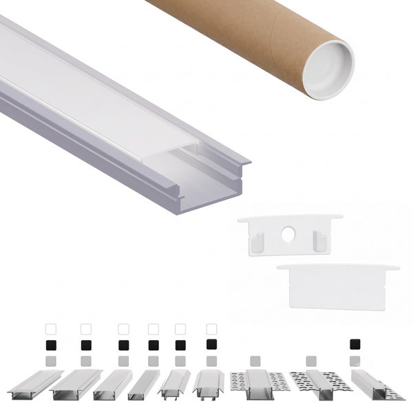 Einbauprofil für LED Streifen aus Aluminium mit Abdeckung, Endkappen und Schutzrohr sowie Übersicht verschiedener Profilvarianten.