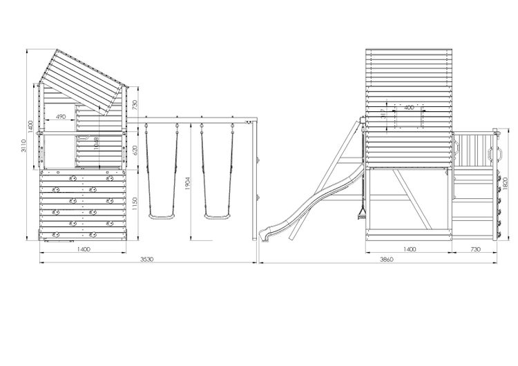 Maßzeichnung eines Spielturms mit Doppelschaukel, Rutsche und Kletterwand, inklusive detaillierter Maße in Millimetern.